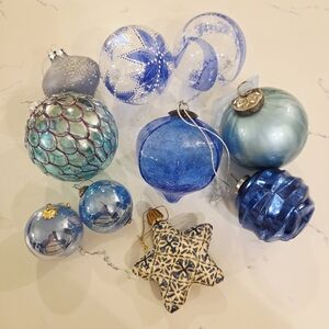 Lot Of 10 Vintage Blue Glass Christmas Ornaments Indent Shiny Brites Gorgeous